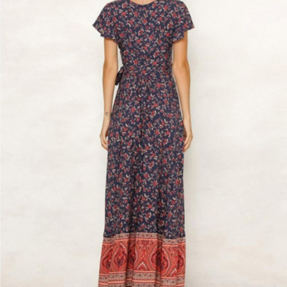 sexy boho floral Printed Wrap v-neck dress SIZE L - Picture 7 of 8